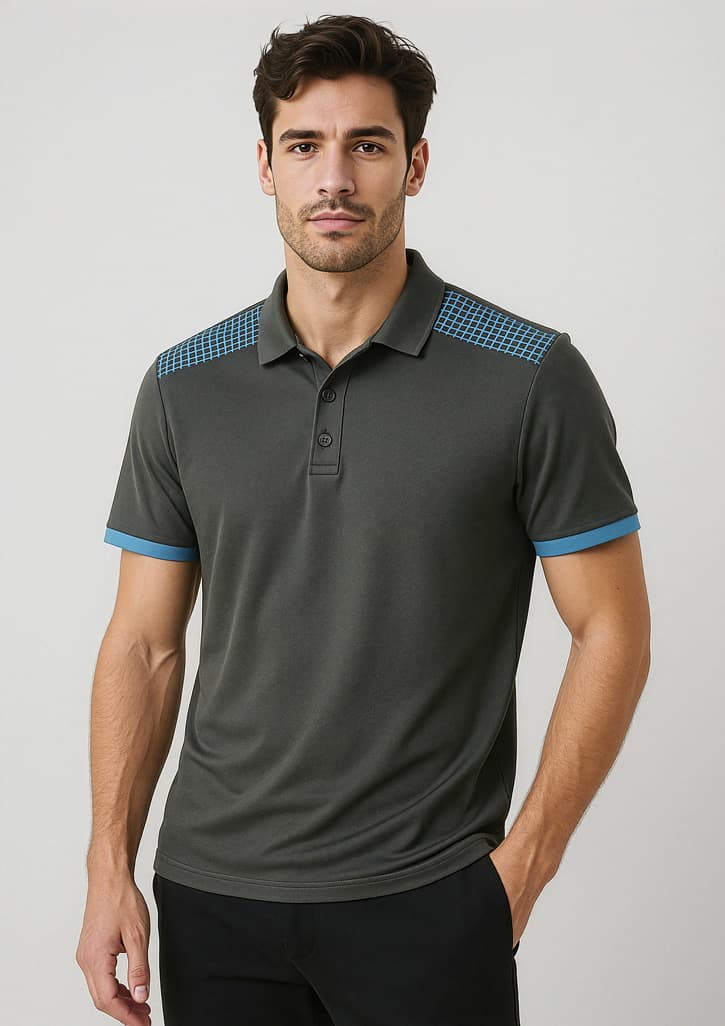 A men's short sleeve polo in dark grey with blue accents on the shoulders and sleeves, featuring a logo. Mens Galaxy Short Sleeve Polo - Image 1