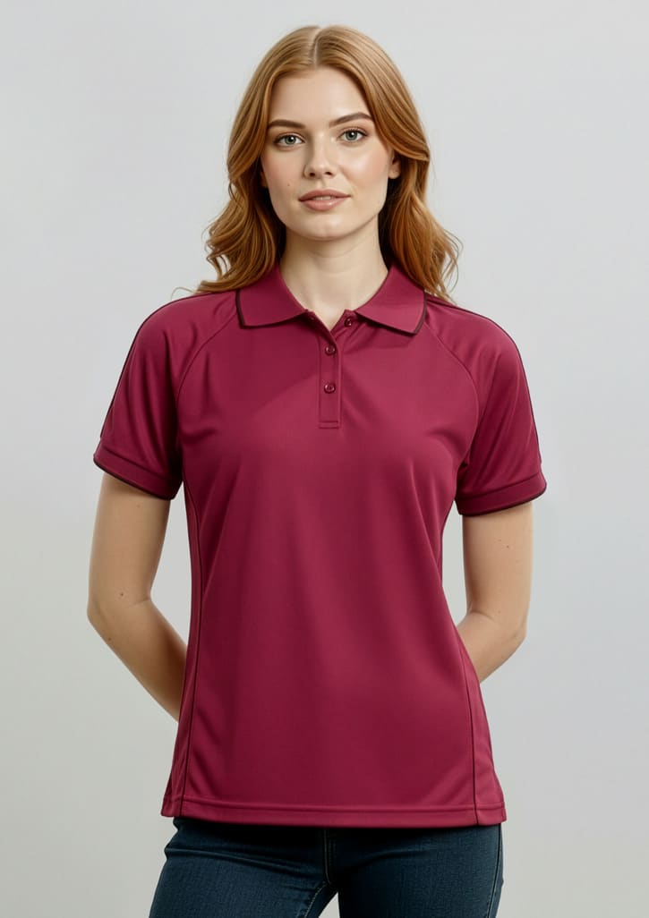 A maroon women's short sleeve polo shirt with a collar and a logo. The shirt features a fitted design and short sleeves. Womens Resort Short Sleeve Polo - Image 1