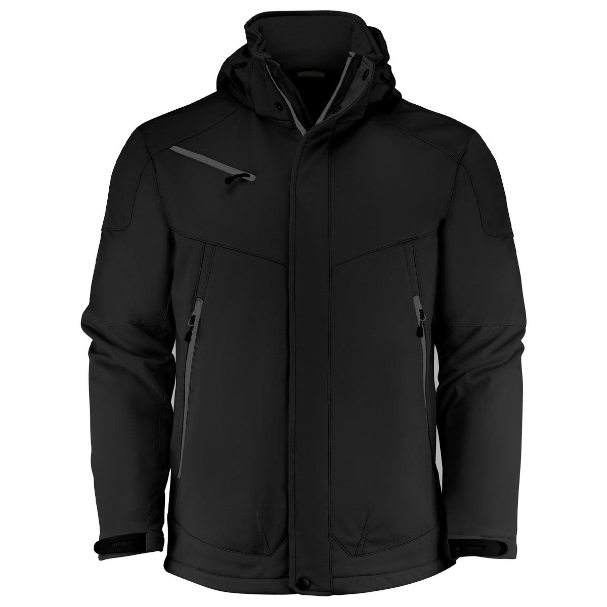 A black unisex softshell jacket featuring a hood, zip pockets, and a logo on the chest. Skeleton Unisex Softshell - Image 1