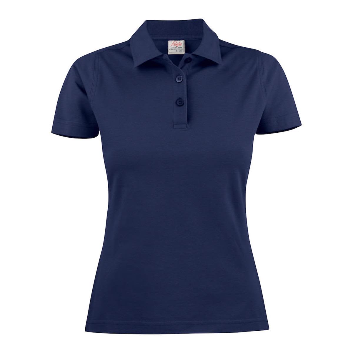 A navy women's cotton polo shirt featuring a collar and buttons, with a logo on the label. Surf Women's Cotton Polo - Image 1