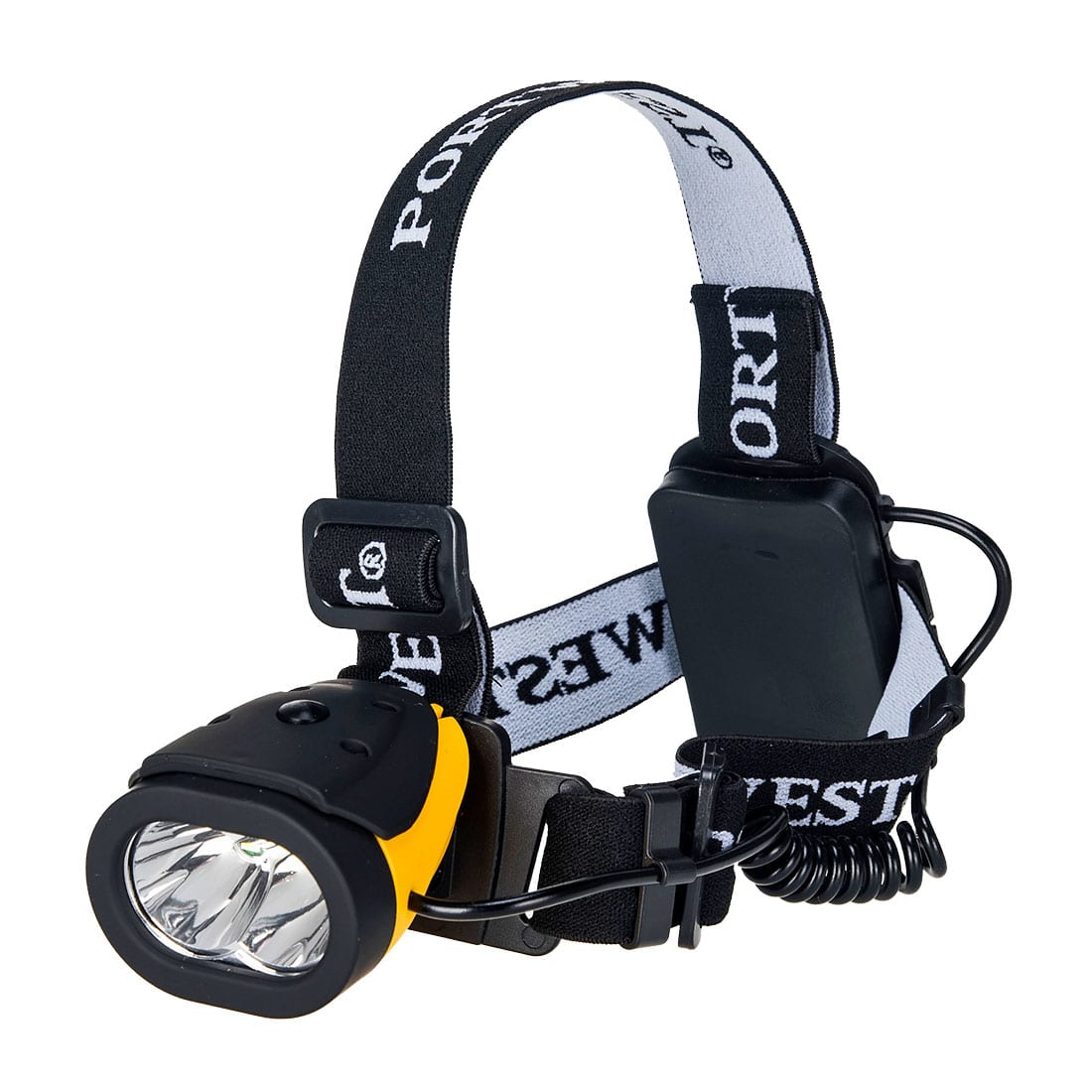 A yellow and black dual power headlight with adjustable straps and an attached battery pack. It features a logo branding. Portwest Dual Power Head Light - Image 1