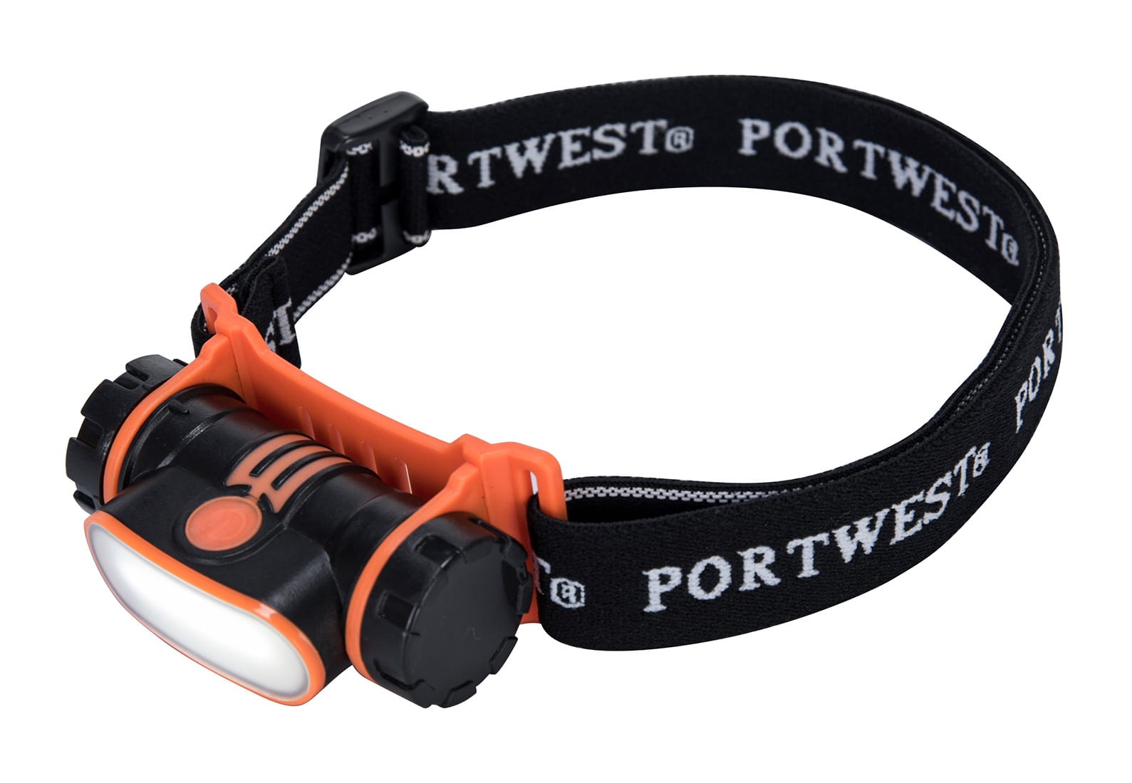 A black and orange rechargeable LED headlight with an adjustable strap, featuring a logo on the band. USB Rechargeable LED Head Light - Image 1
