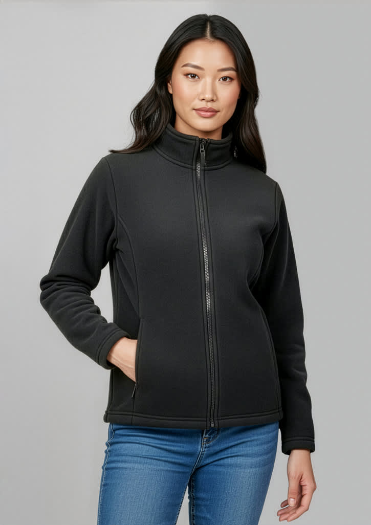 A women's plain black micro fleece jacket with a zip front and side pockets, featuring a logo on the chest. Womens Plain Jacket - Image 1