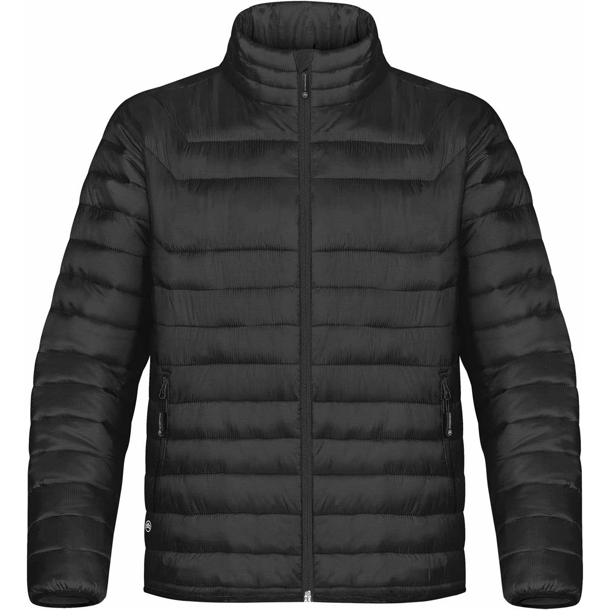 A black men's jacket with a puffy design, featuring a high collar and zippered pockets, along with a logo. Men's Altitude Jacket - Image 1