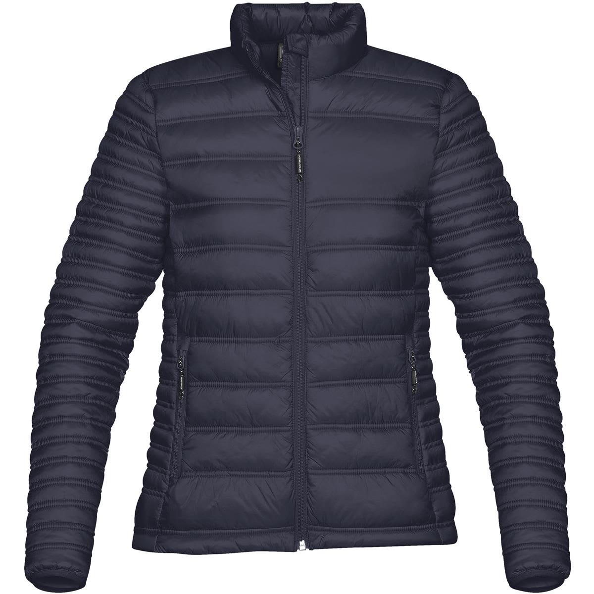A women's jacket in navy blue, featuring a zip front and a fitted design with a quilted texture. It has a logo. Women's Basecamp Jacket - Image 1