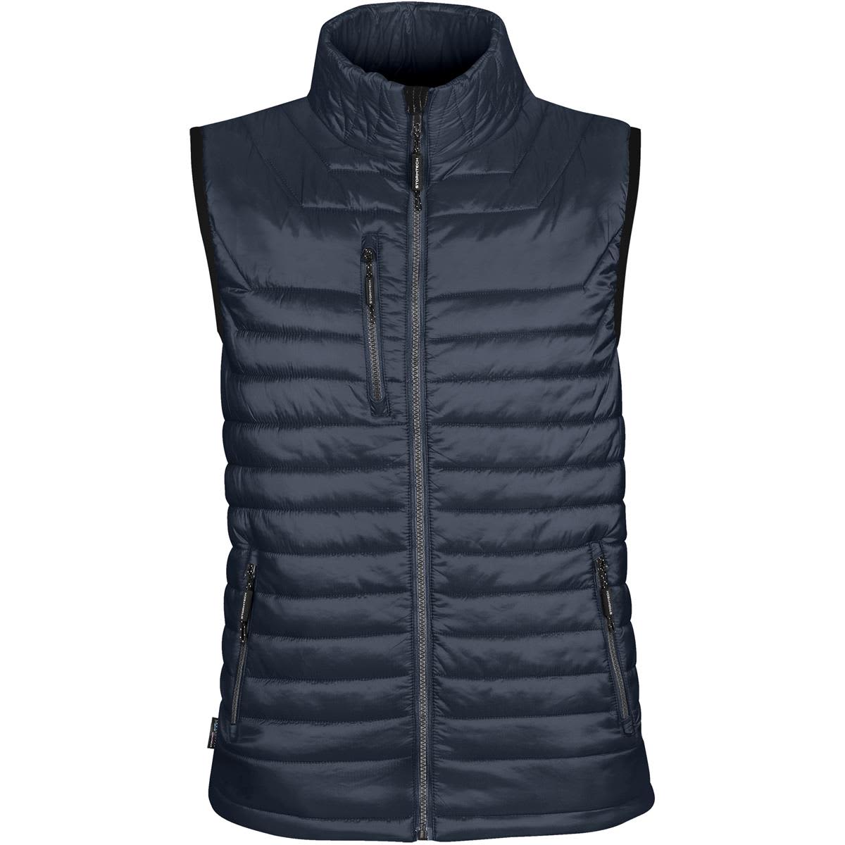 A dark blue men's thermal vest features a high collar, quilted design, and multiple zip pockets. It has a logo on the chest. Men's Gravity Thermal Vest - Image 1