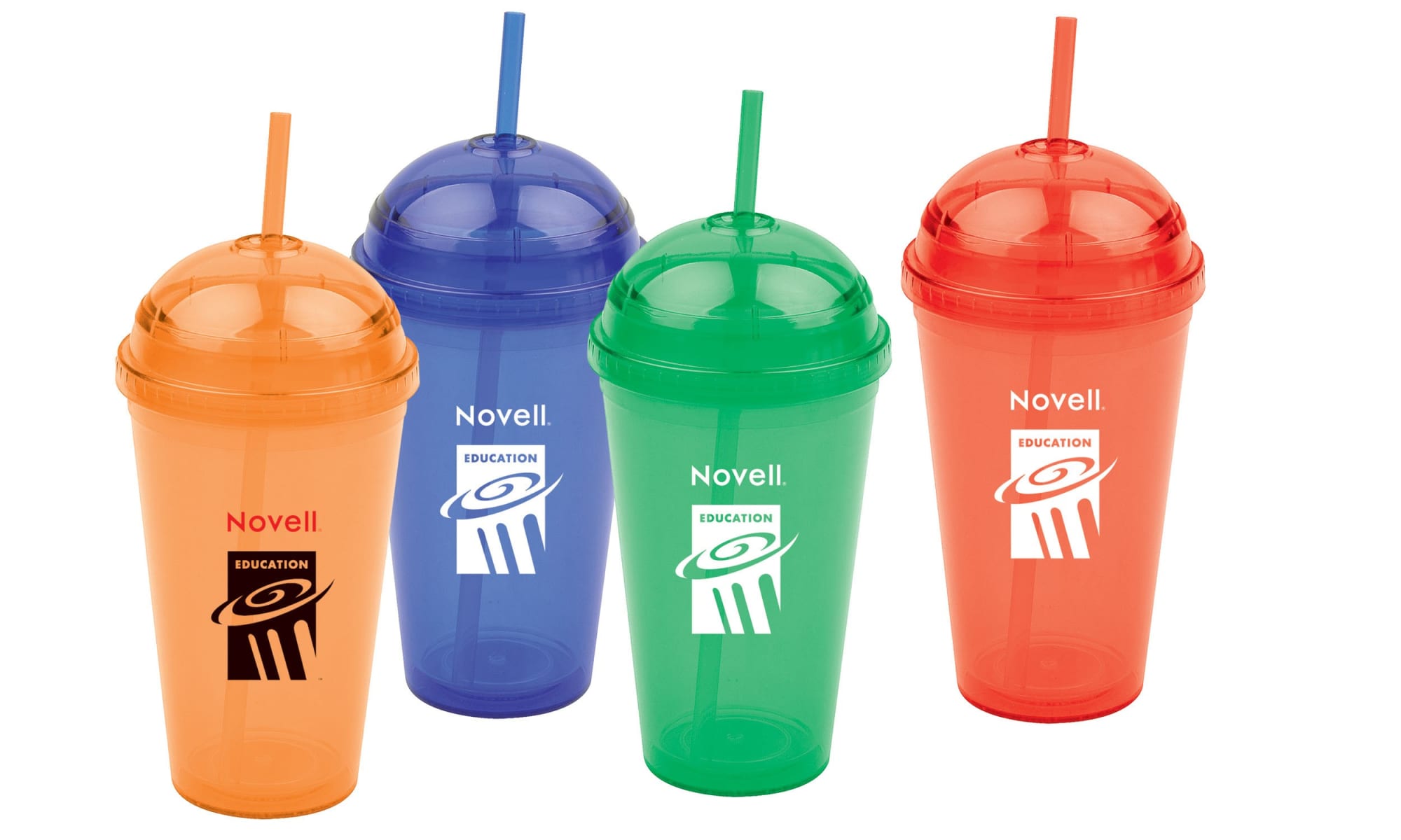 Four plastic cups with domed caps in orange, blue, green, and red, each with a logo printed on the front. Plastic Cups With Domed Cap - Image 1