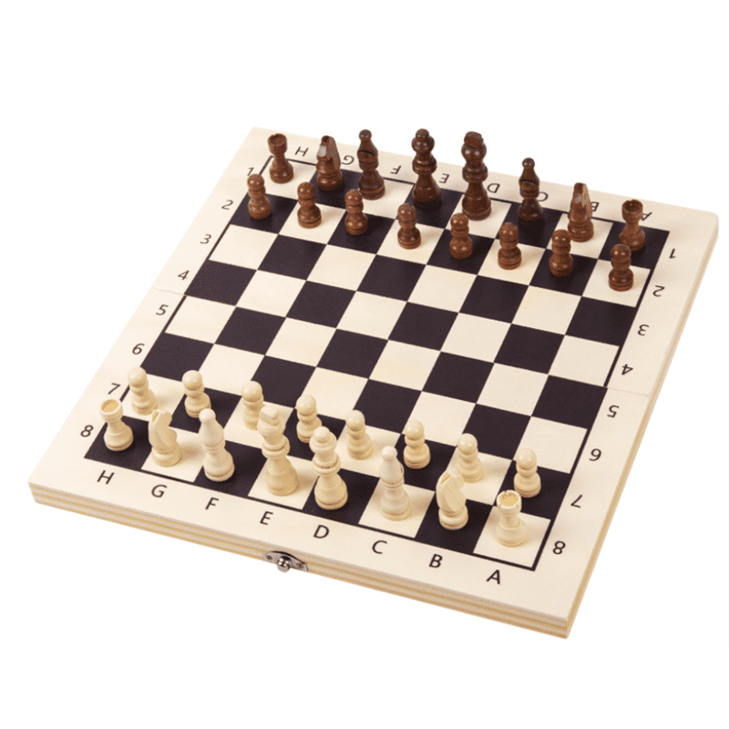 A foldable wooden chess set featuring light and dark pieces on a checkered board, complete with coordinates along the edges. Foldable Wooden Chess Set - Image 1