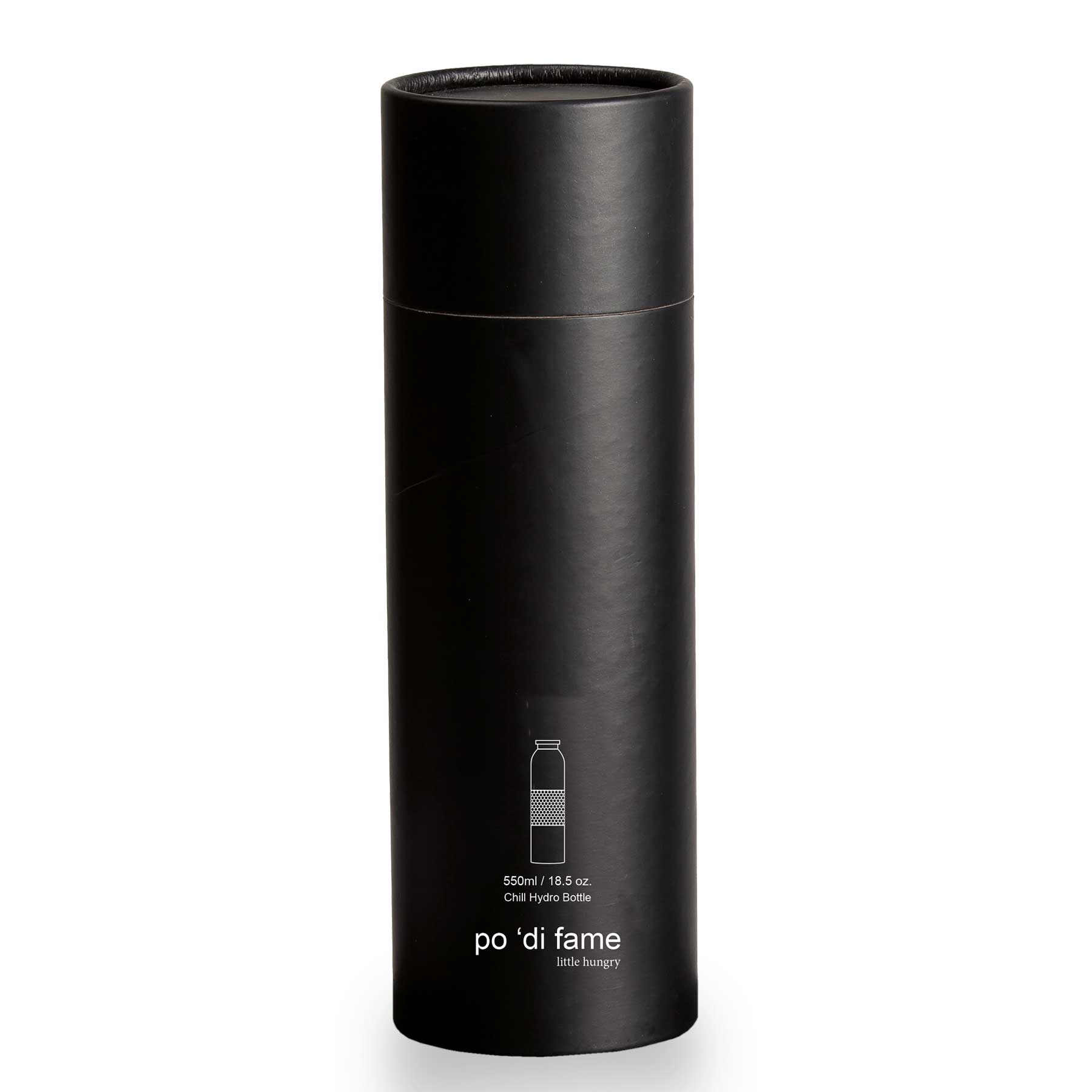A drink bottle in a sleek black design with a cylindrical shape and a logo on the front. Chill Hydro Bottle - Image 1