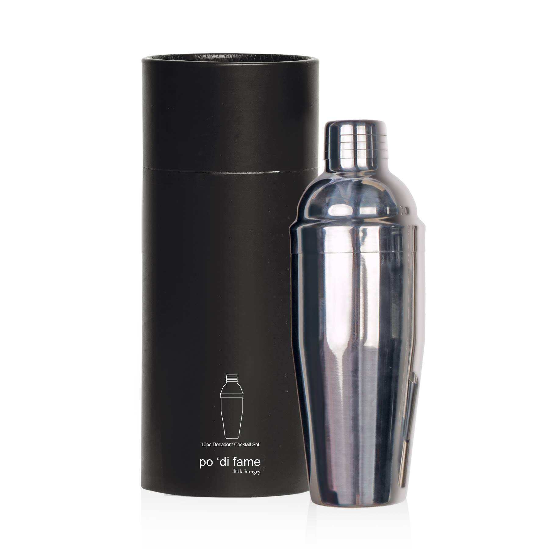 A stainless steel cocktail shaker set in a sleek black case, featuring a glossy finish. Includes branding on the case. Decadent Cocktail 10 pcs Set - Image 1