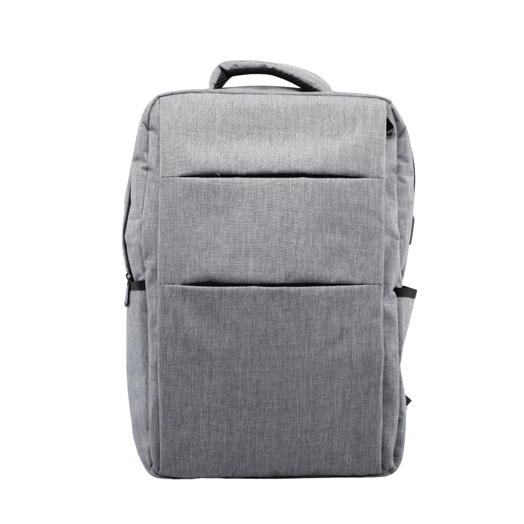 A grey tech backpack with multiple pockets and a top handle, featuring a logo on the side. Power Pulse Tech Backpack - Image 1