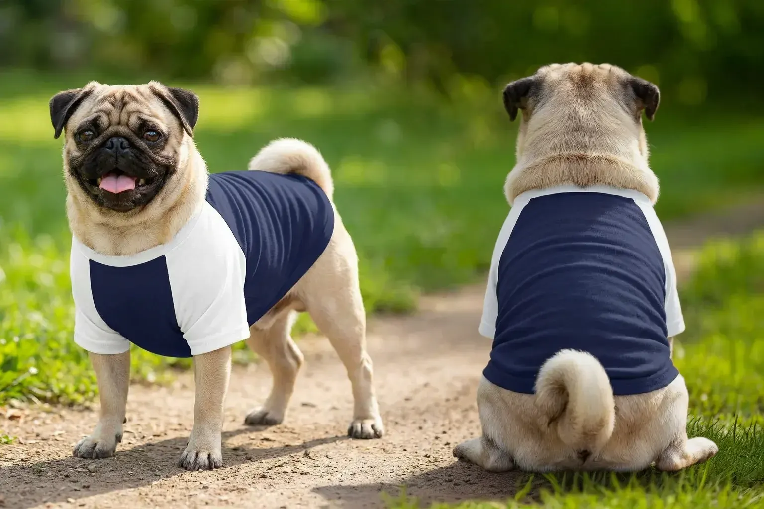 Two pugs wearing navy blue and white raglan t-shirts stand on a grassy path, facing away and towards the camera. Dog's Raglan T-Shirt - Image 1