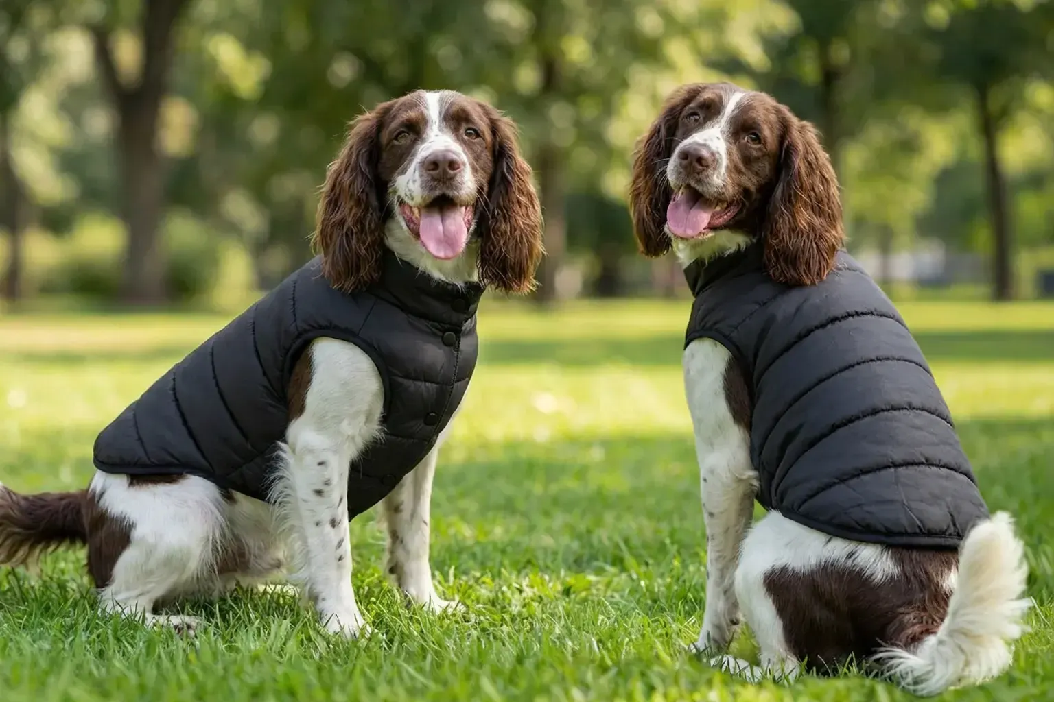 Two dogs wear black puffer jackets while sitting on green grass in a park. Dog's Puffer Jacket - Image 1
