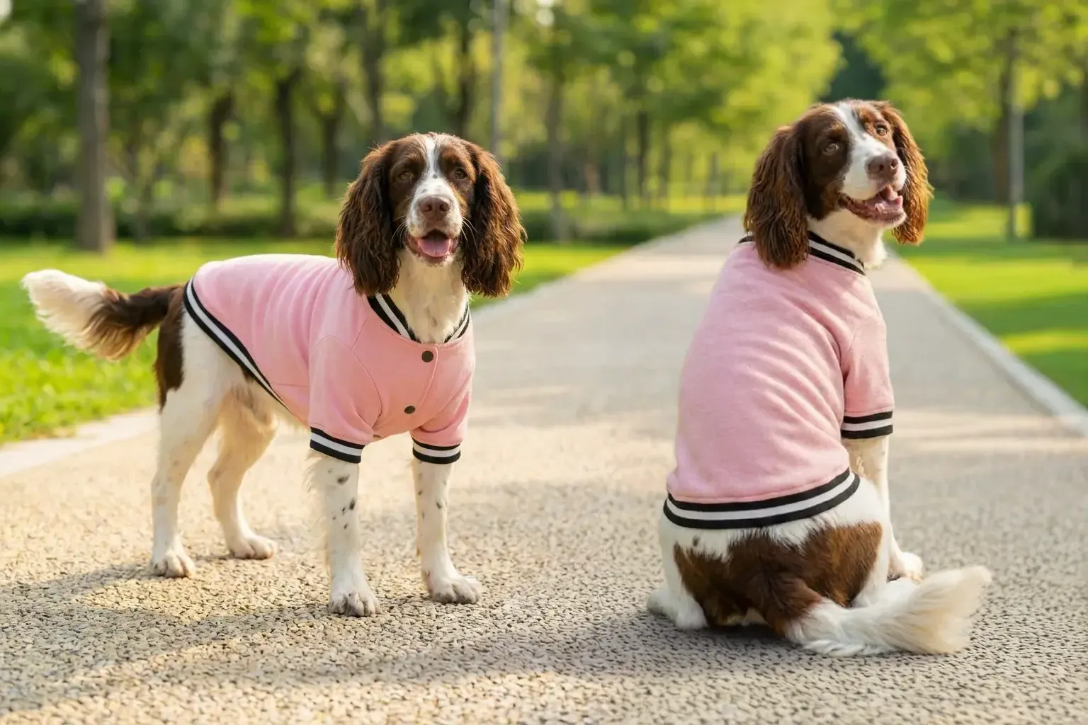 A pink varsity jacket for dogs with black and white stripes, displayed on two spaniels in a park setting. Dog's Varsity Jacket - Image 1