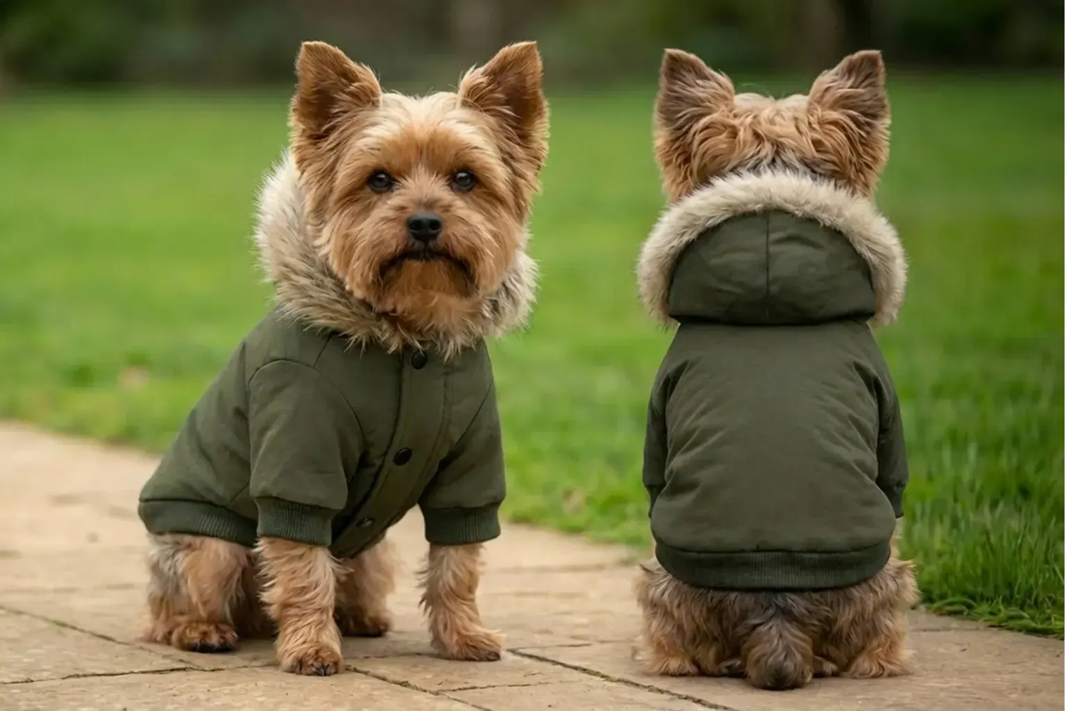 A dog’s parka jacket in olive green, featuring a faux fur trimmed hood, worn by two small dogs in a grassy area. Dog's Parka Jacket - Image 1
