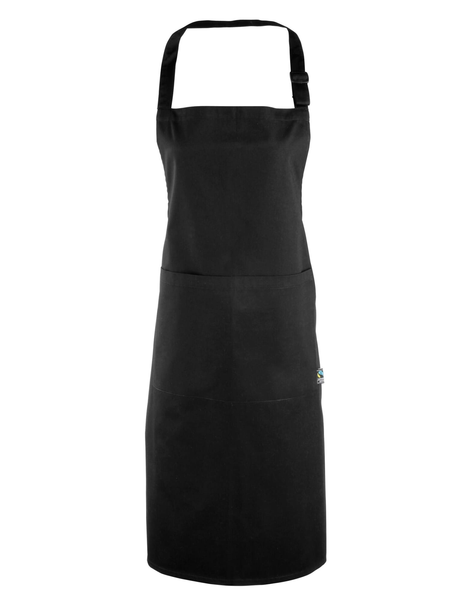 A black bib apron with a front pocket and an adjustable neck strap. It features a logo on the side. Organic Bib Apron - Image 1