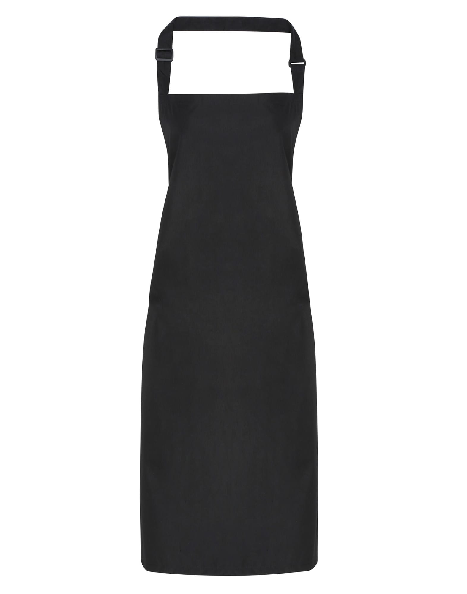 A black waterproof bib apron with an adjustable neck strap and a logo. Waterproof Bib Apron - Image 1