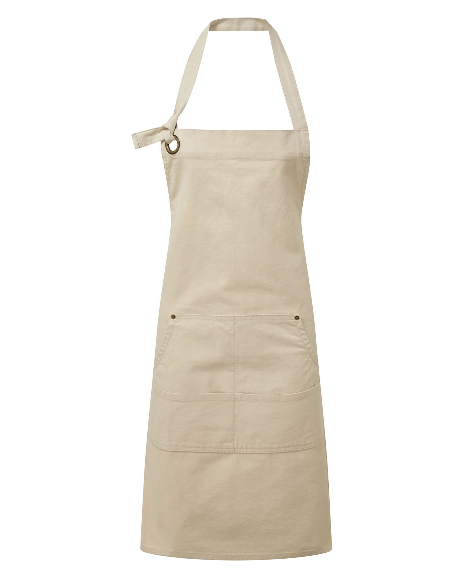 A beige heavy cotton canvas apron with adjustable neck strap and front pockets. It features a logo on the fabric. Calibre Heavy Cotton Canvas Pocket Apron - Image 1