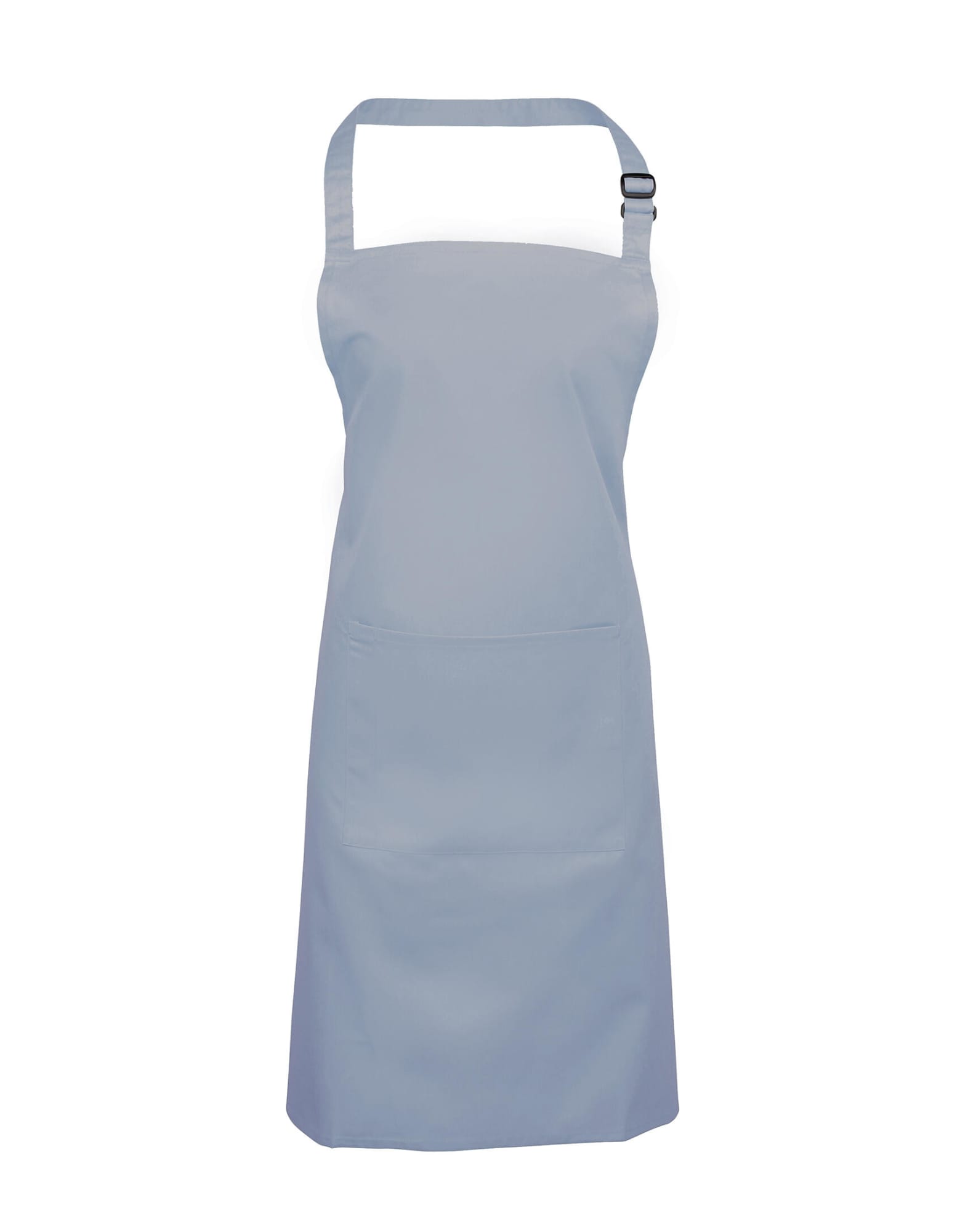 A blue bib apron with a pocket and adjustable neck strap, featuring a branding logo. Colours Bib Apron With Pocket - Image 1