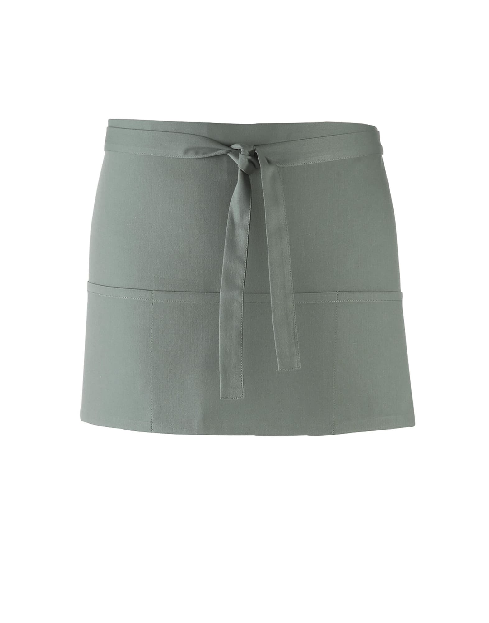 A green 3-pocket apron with a waist tie, featuring a smooth fabric and logo detail. Colours 3-Pocket Apron - Image 1