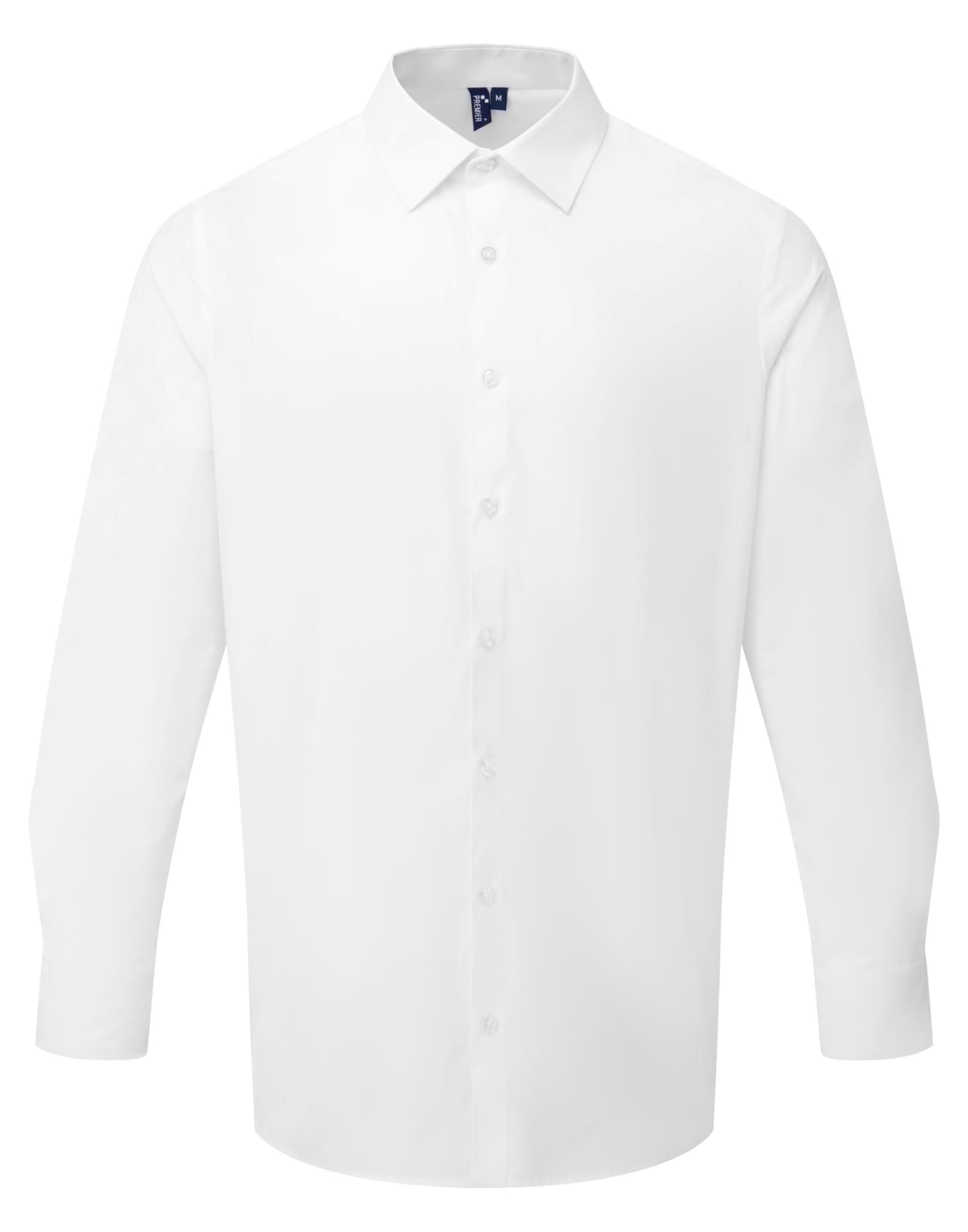 A white long-sleeve shirt with a button-up front and collar; features a logo on the label. Mens L-S Recyclight Poplin Shirt - Image 1