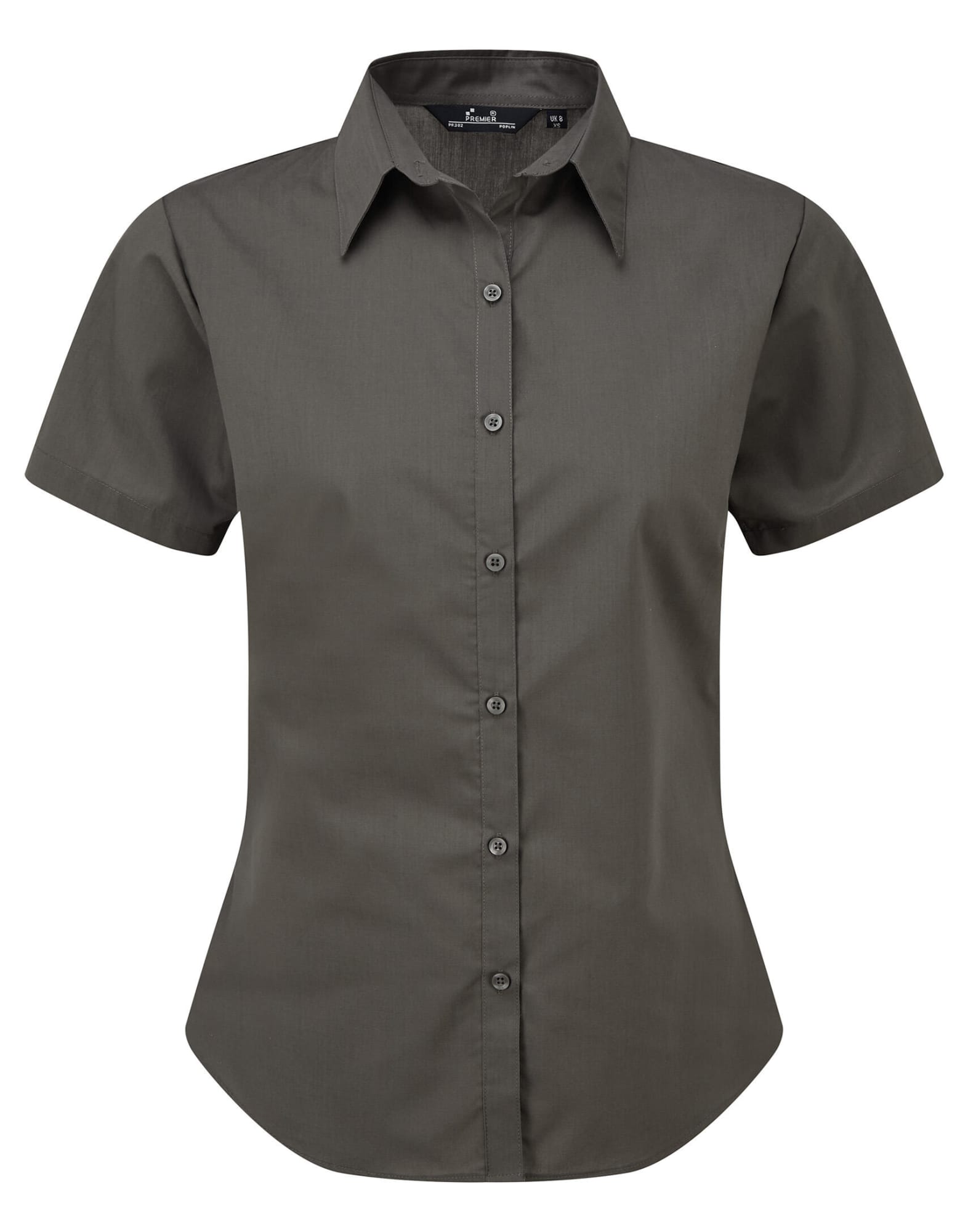 A short-sleeved, dark grey button-up blouse featuring a classic collar and a fitted silhouette. It has a logo. Womens S-S Poplin Blouse - Image 1