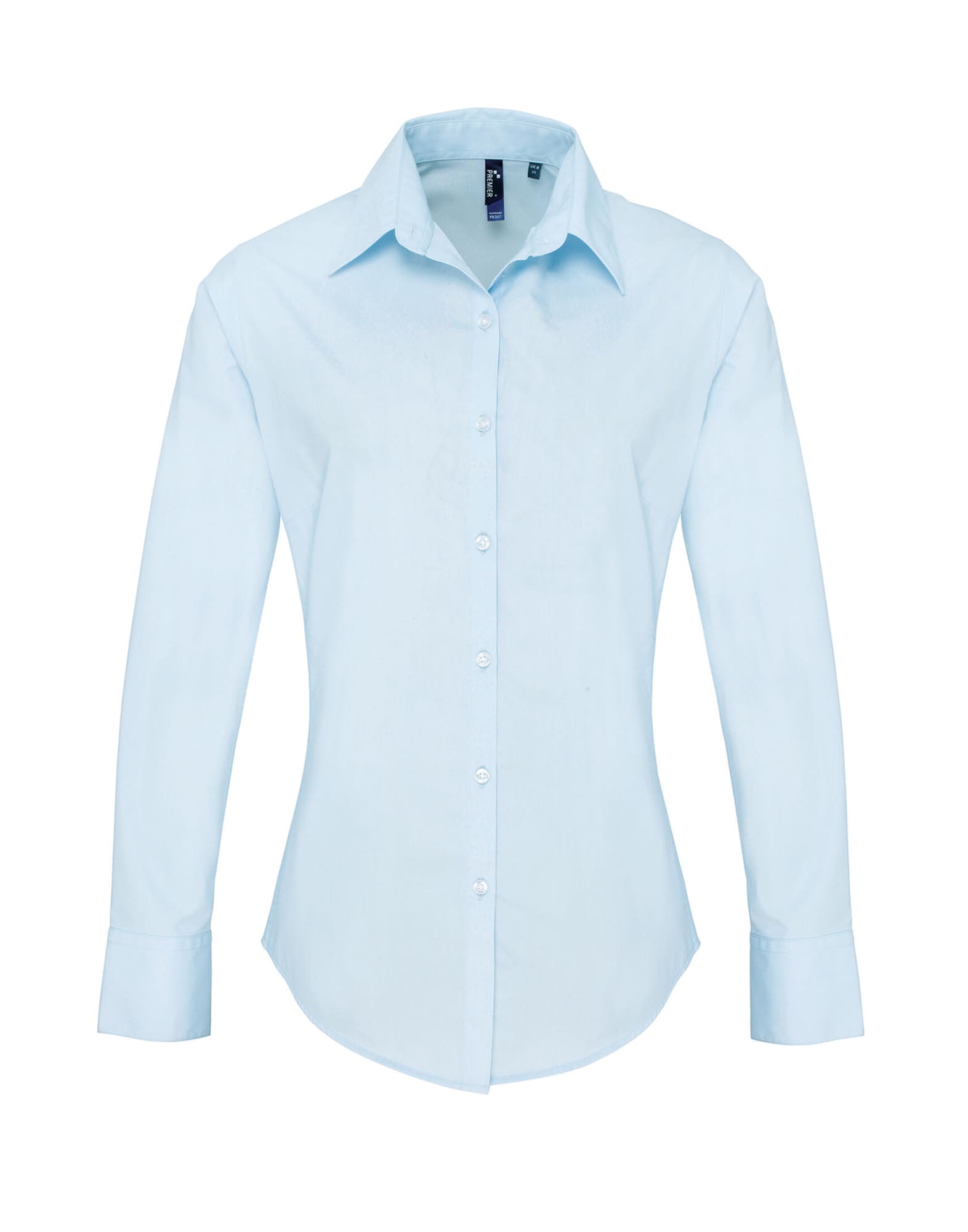 Light blue women's long-sleeve button-up shirt with a collar, featuring a logo on the chest. Womens Supreme Poplin L-S Shirt - Image 1