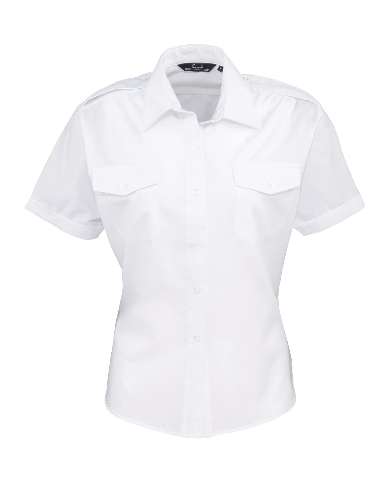 A white women's button-up shirt with short sleeves and two chest pockets. Features a logo on the collar. Womens S-S Pilot Blouse - Image 1