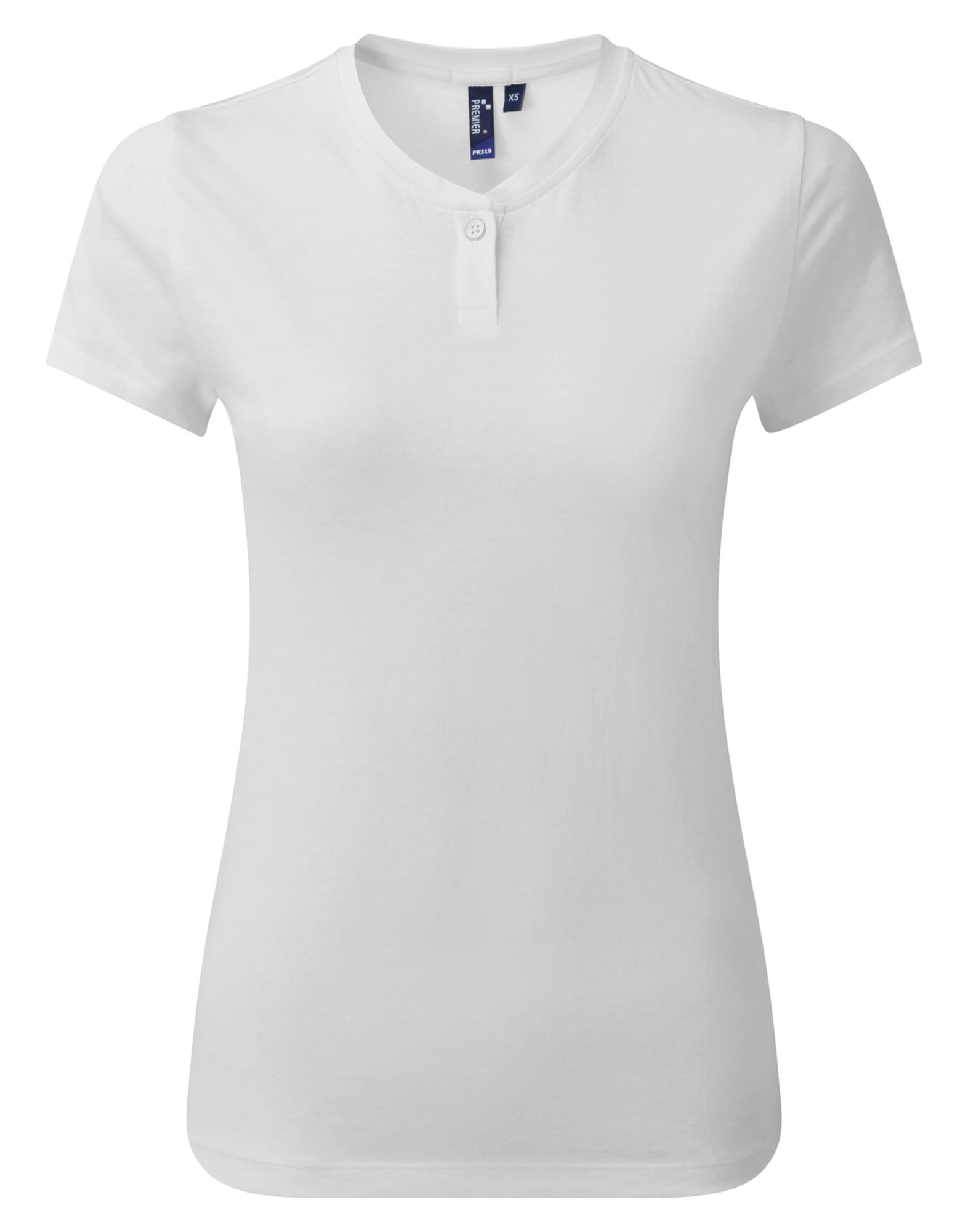 A white women's cotton rich T-shirt with a crew neck and short sleeves. It has a button detail and a logo. Womens Cotton Rich Comis Tee - Image 1