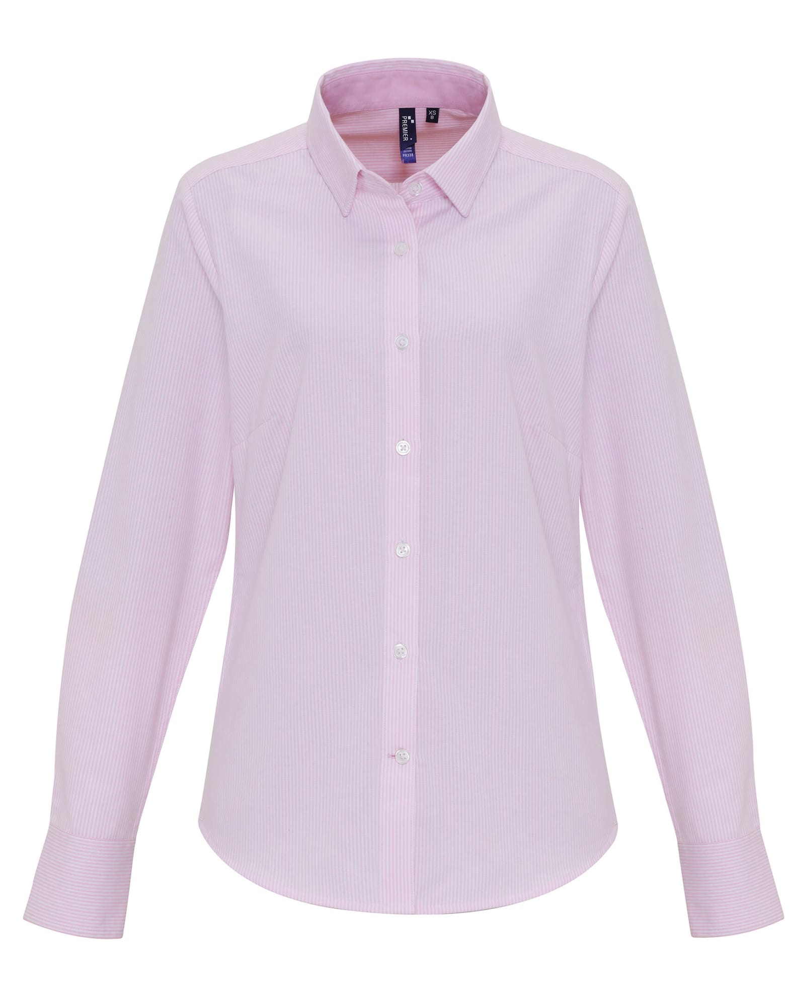 A light pink women's cotton-rich button-up shirt with a classic collar and long sleeves. It features a logo. Womens Cotton-Rich Oxford Stripes Blouse - Image 1