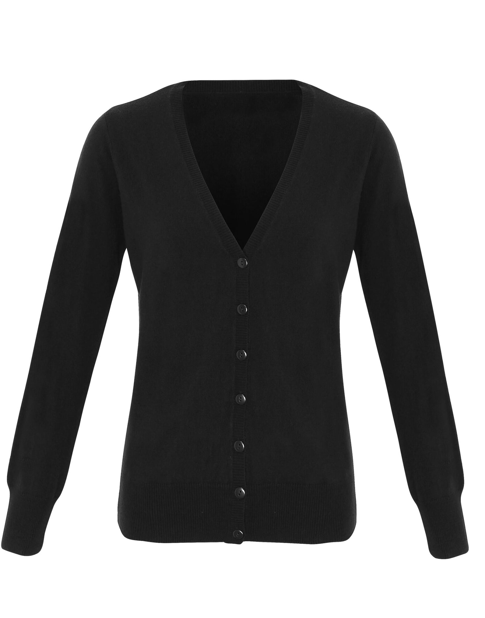 A black women's essential cardigan with a V-neck and button-down front, featuring long sleeves. Womens Essential Cardigan - Image 1