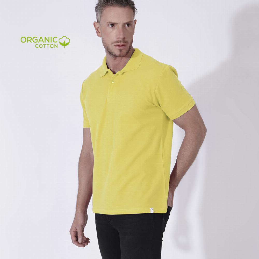 A yellow polo shirt made from organic cotton, featuring a logo on the left side. Ment - Image 1