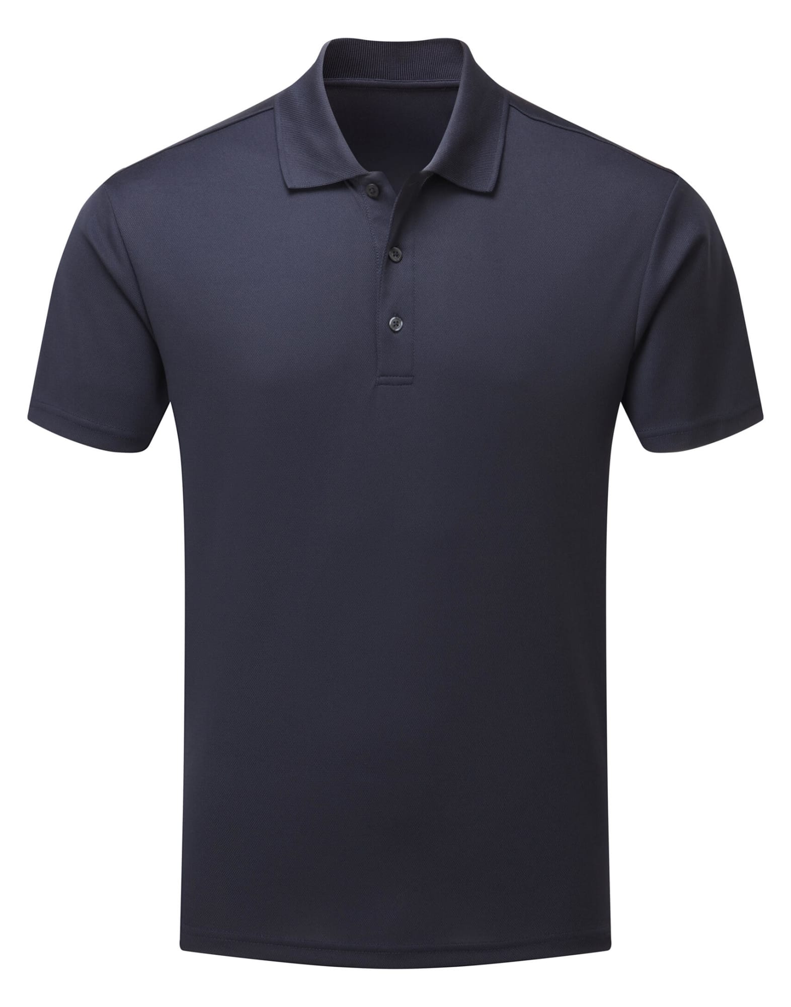 A navy polo shirt with a classic collar and three button placket. Features an incorporated logo. Mens Spun Dyed Recycled Polo Shirt - Image 1