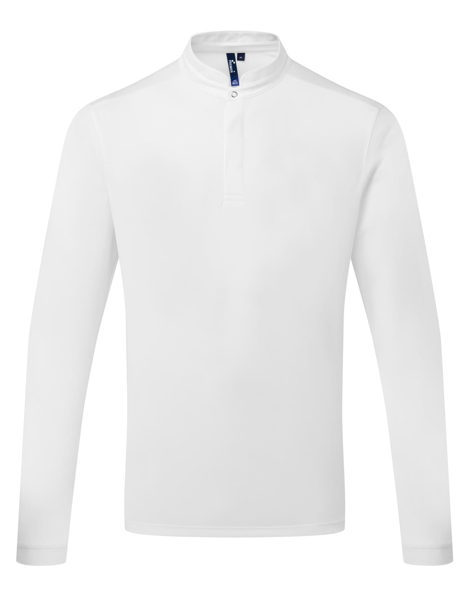 A long-sleeved white shirt with a high collar and a button placket, featuring a logo on the neckline. Chef's Essential Coolchecker L-S Shirt - Image 1