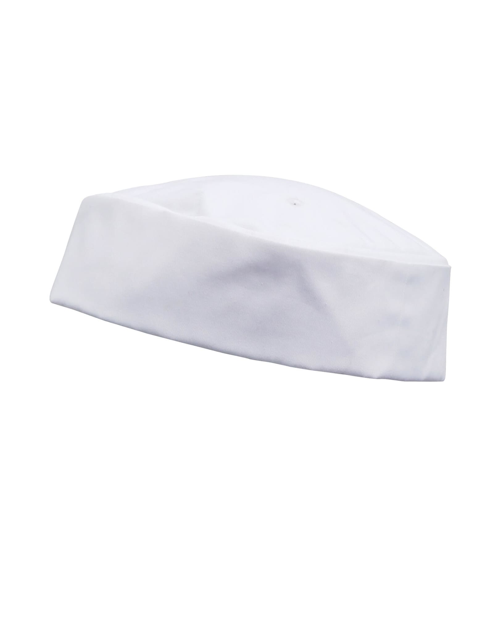 A white chef's hat with a flat top and a soft fabric design, featuring a logo. Turn-Up Chef's Hat - Image 1