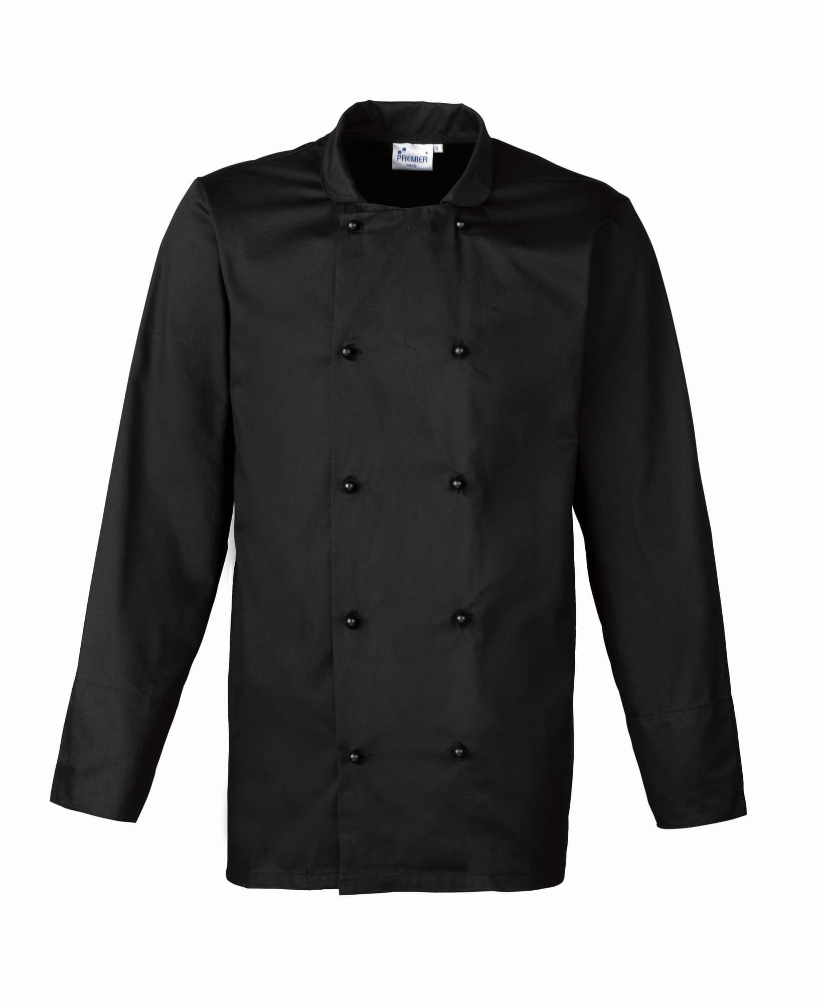 A black chef's jacket with a double-breasted design and long sleeves, featuring buttons and a logo. Cuisine L-S Chef's Jacket - Image 1