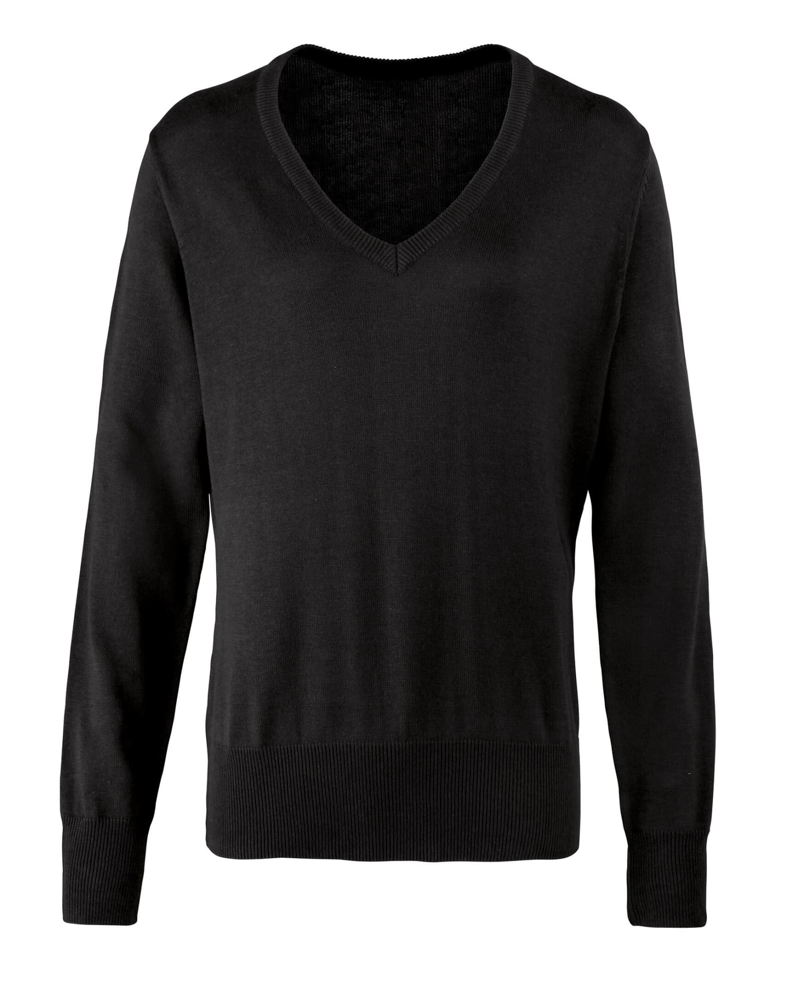 A black women's V-neck sweater with long sleeves and a ribbed hem. It features a simple design and has a logo. Womens V-Neck Sweater - Image 1