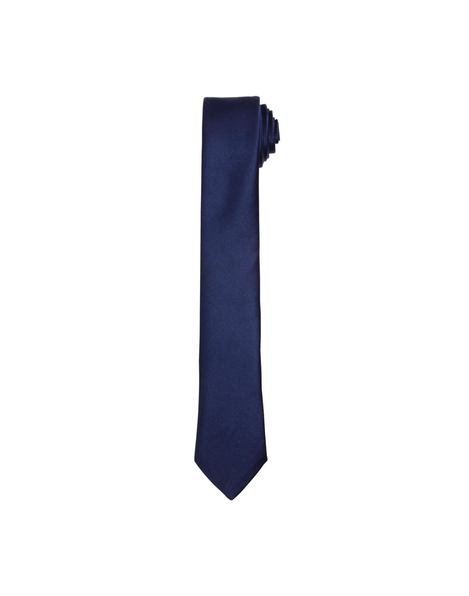 A navy slim tie with a smooth finish, neatly rolled at one end. The tie has a simple, elegant design. Slim Tie - Image 1