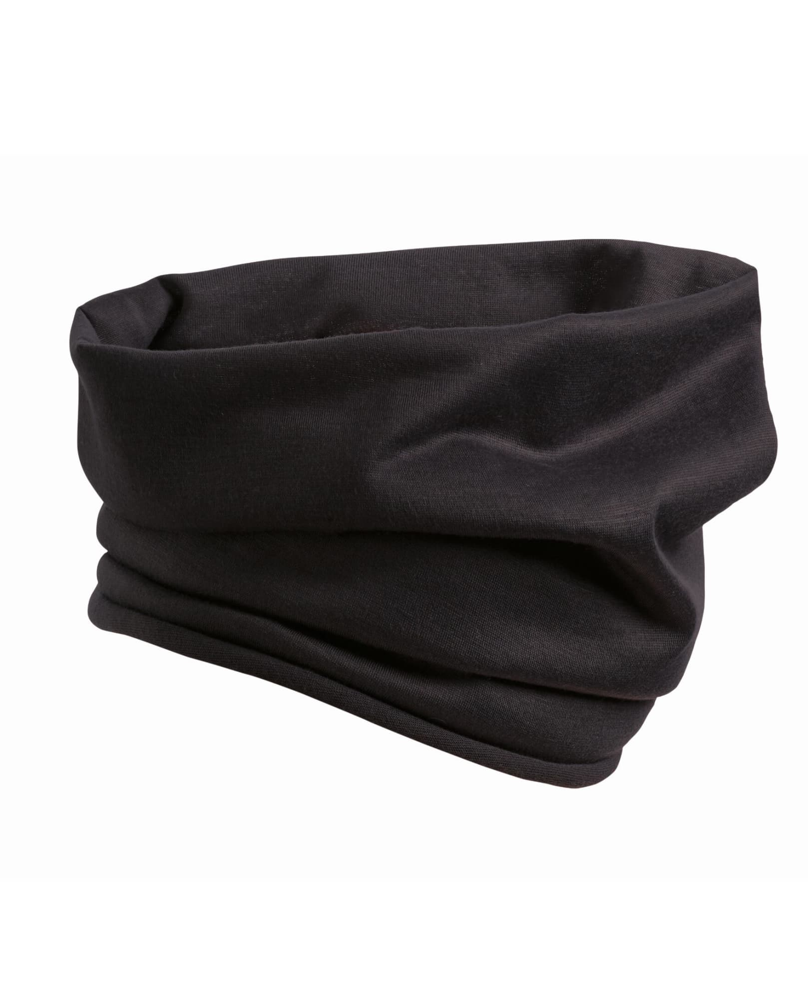A black Snood face covering in a tubular design, made from soft fabric. The product has a logo. Snood Face Covering - Image 1