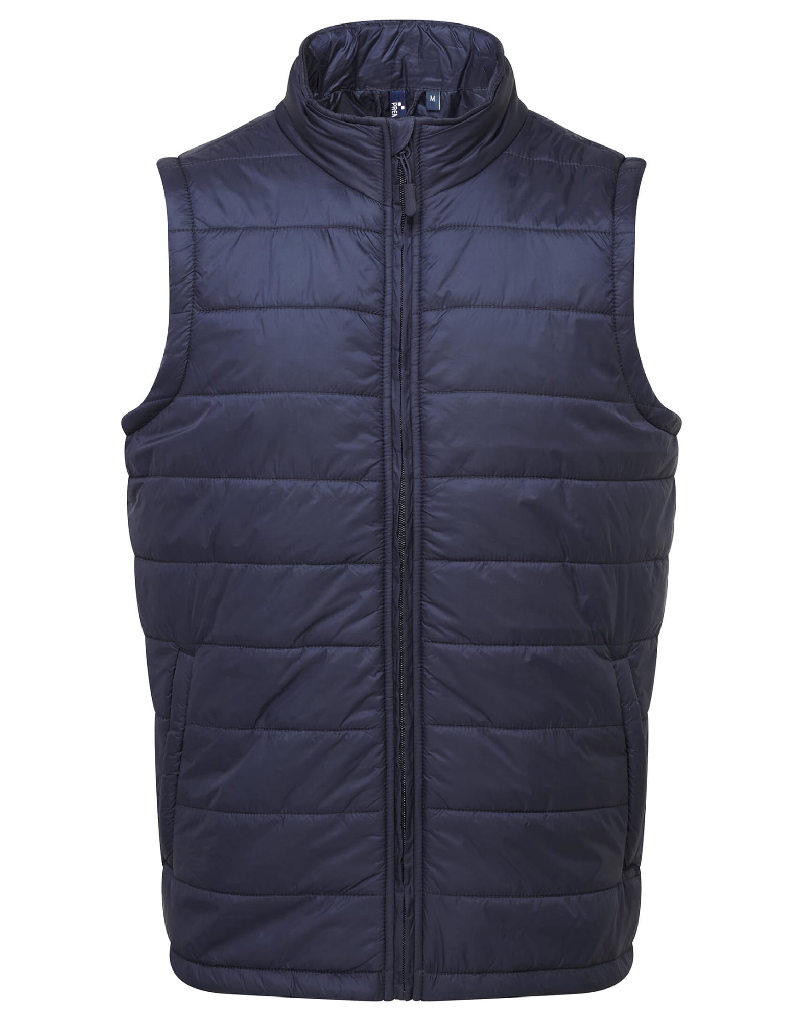 A padded vest in navy blue with a zip front and no sleeves, featuring a logo on the upper part. Recyclight Padded Vest - Image 1
