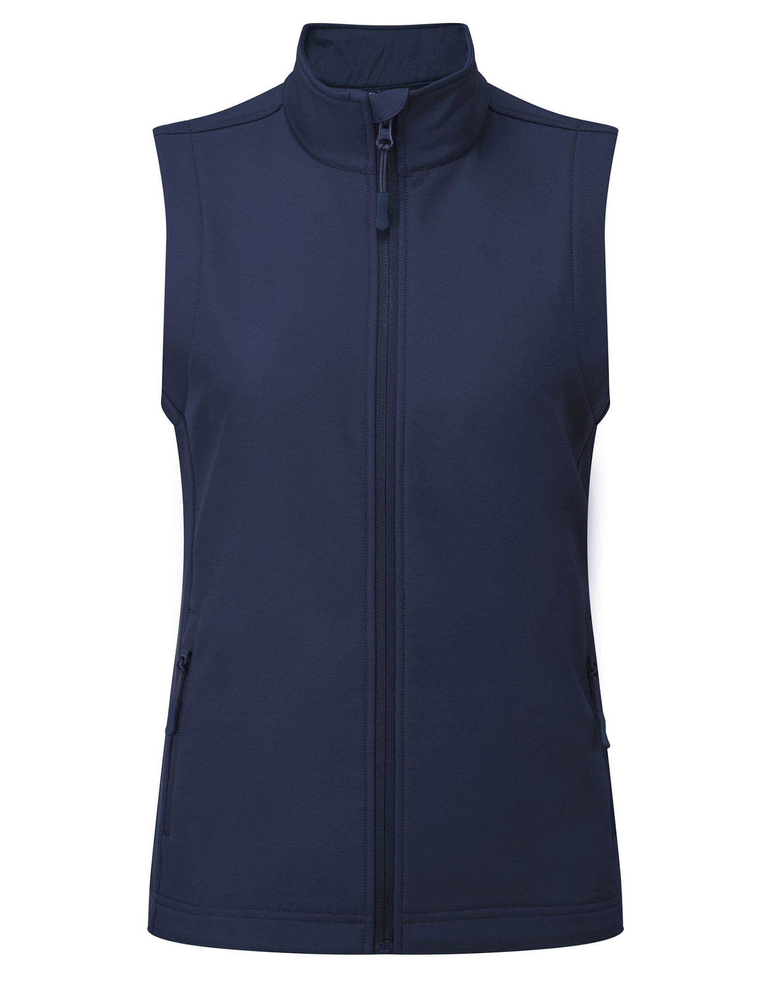 A navy windchecker vest with a high collar and front zipper, featuring side pockets and a logo. Womens Windchecker Vest - Image 1