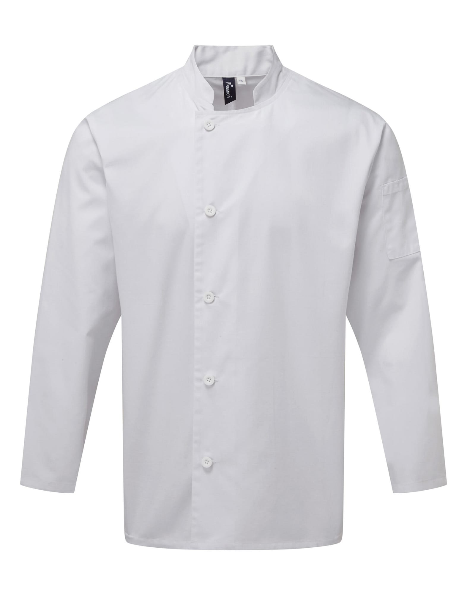 A white chef's jacket with long sleeves and a mandarin collar, featuring a logo on the left side. Chef's Essential L-S Jacket - Image 1