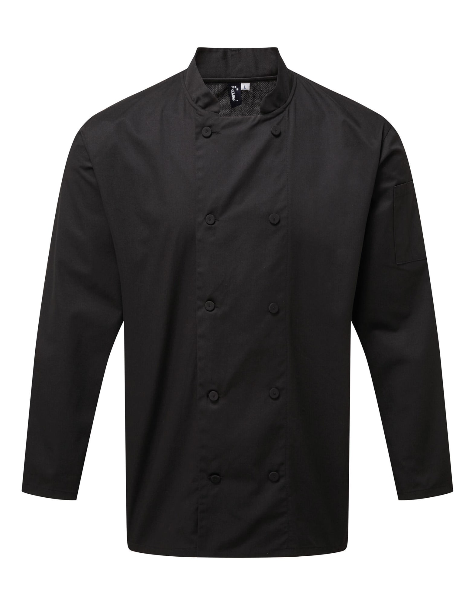 A black chef's jacket featuring a double-breasted design and long sleeves, with one sleeve pocket and a logo. Chef's Coolchecker L-S Jacket - Image 1