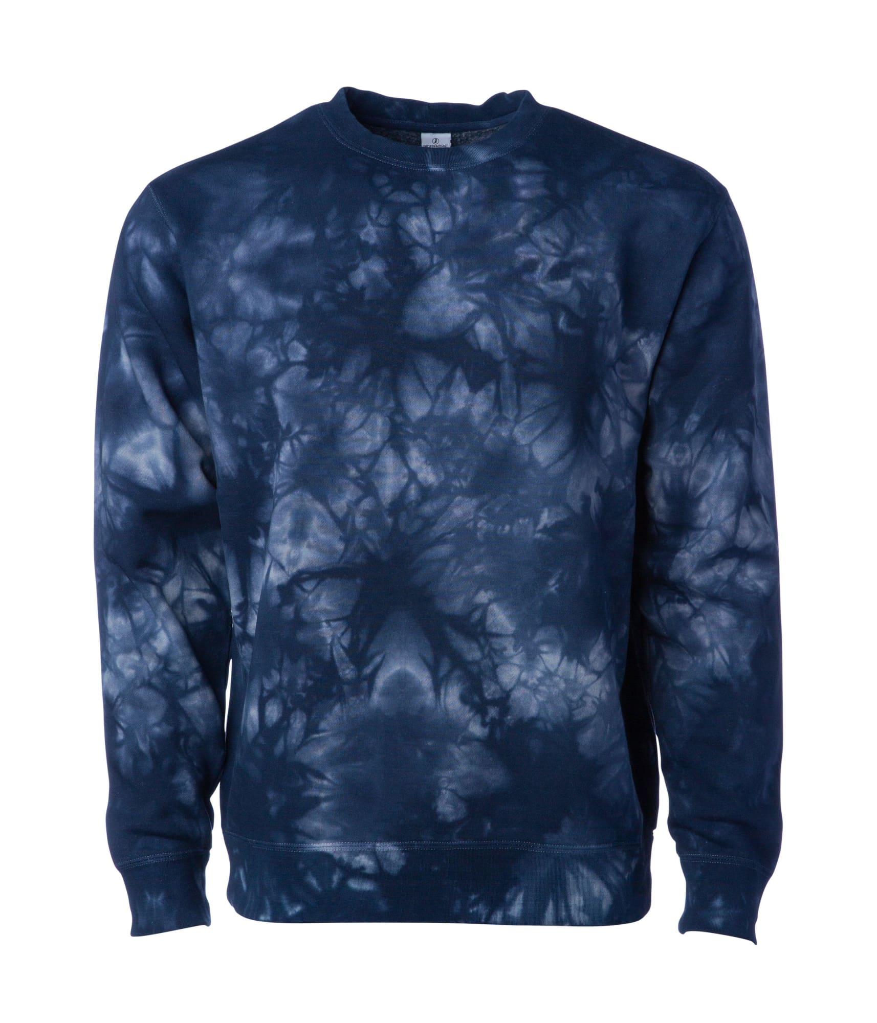 A unisex crew sweatshirt featuring a navy blue tie-dye pattern and a logo. Unisex Tie Dye Crew - Image 1