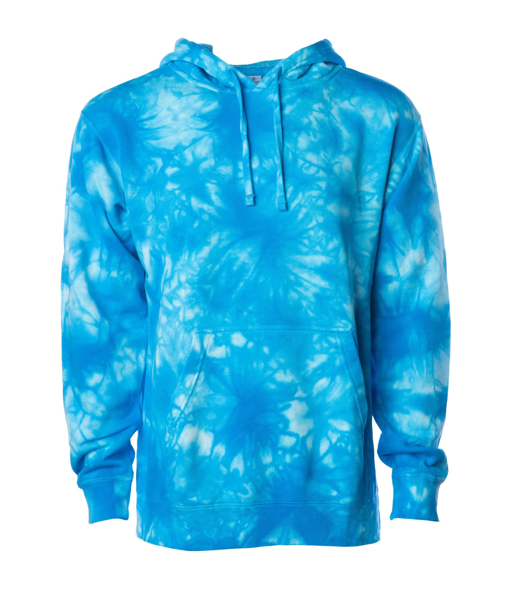 A unisex pullover hoodie in vibrant blue tie-dye pattern with a front pocket and a hood. Features a logo. Unisex Tie Dye Pullover Hood - Image 1