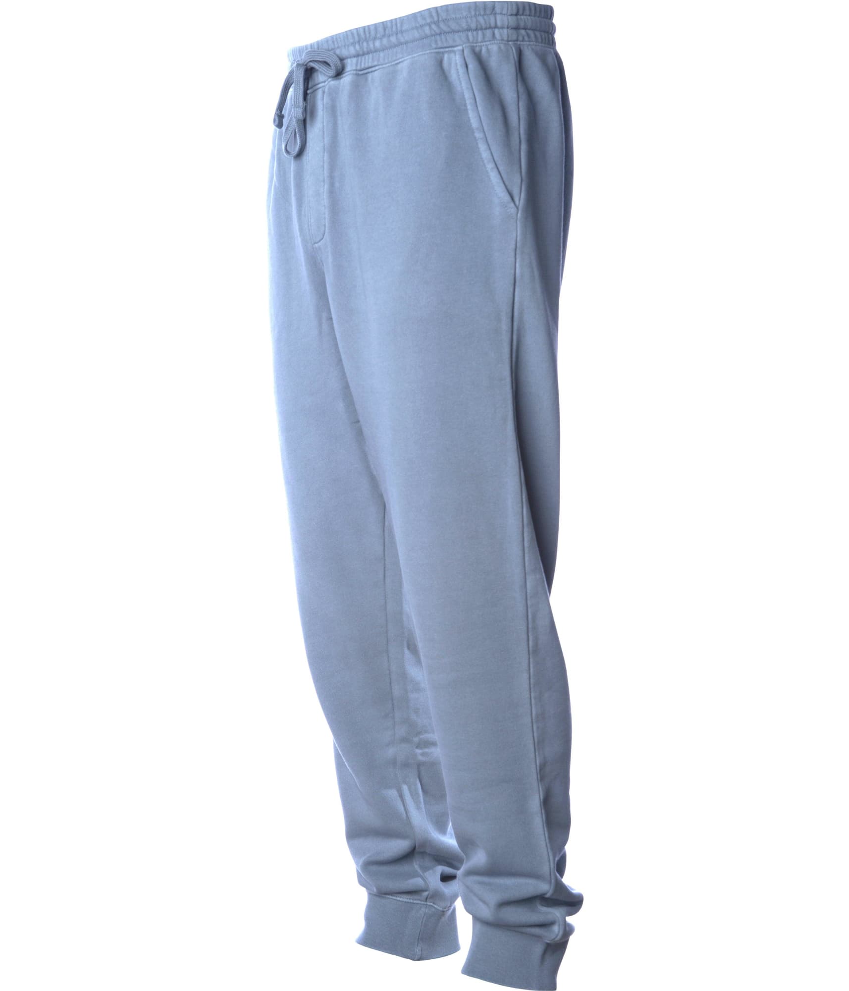A pair of light blue pigment dyed sweatpants with an elastic waistband and side pockets. Mens Pigment Dye Sweatpant - Image 1