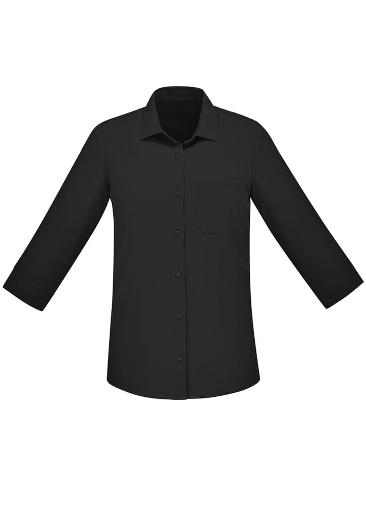 A plain black women's button-up shirt with 3/4 sleeves and a single chest pocket. It features a logo. Womens Florence Plain 3/4 Sleeve Shirt - Image 1