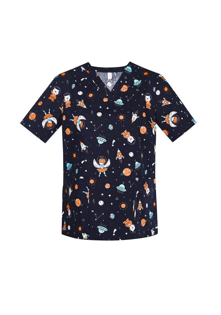 A navy scrub top featuring a playful space theme with planets, rockets, and cartoon characters. It has a logo. Womens Printed Space Party Scrub Top - Image 1