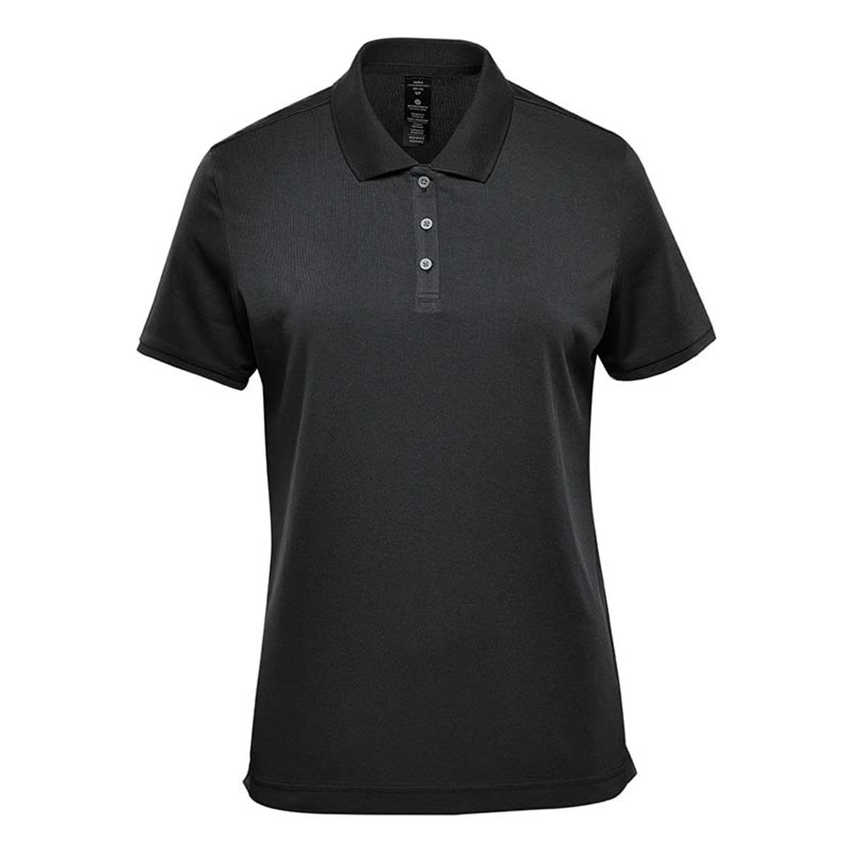 A black women's sports polo shirt with a collar and buttons, featuring a logo on the front. Women's Sirocco Sports Polo - Image 1