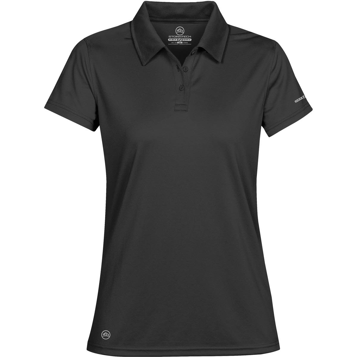 A black women's polo shirt with a collar, featuring a logo on the front. Women's Phoenix H2X-Dry Polo - Image 1